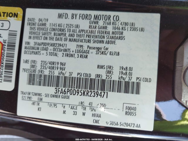2019 FORD FUSION 3FA6P0D95KR239471 Photo 8