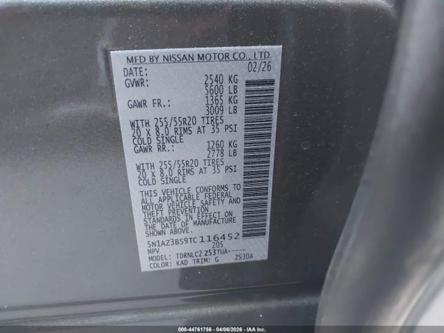 44761756 :رقم المزاد ، 5N1AZ3BS9TC116452 vin ، 2026 Nissan Murano Sv مزاد بيع