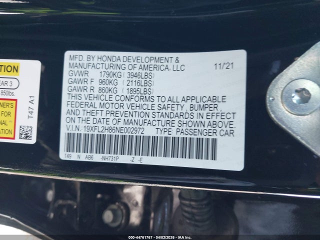 Продаж на аукціоні авто 2022 Honda Civic Sport, vin: 19XFL2H86NE002972, номер лоту: 44761767