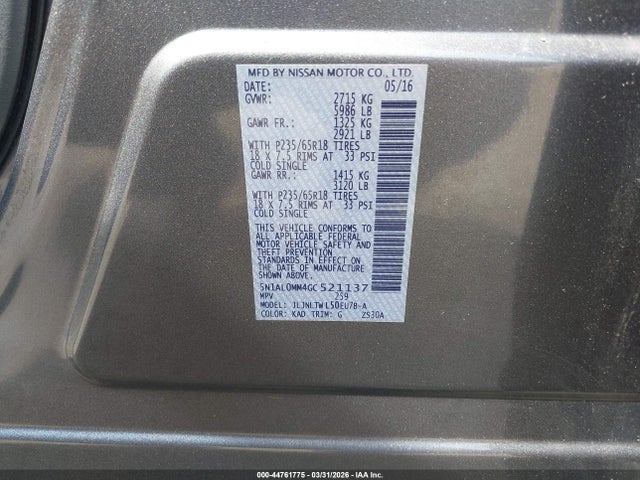 Aukcja sprzedaży 2016 Infiniti Qx60, vin: 5N1AL0MM4GC521137, numer aukcji: 44761775