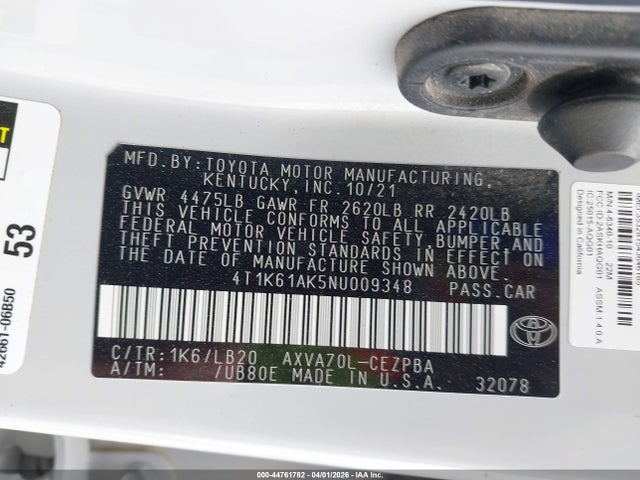 Aukcja sprzedaży 2022 Toyota Camry Xse, vin: 4T1K61AK5NU009348, numer aukcji: 44761782