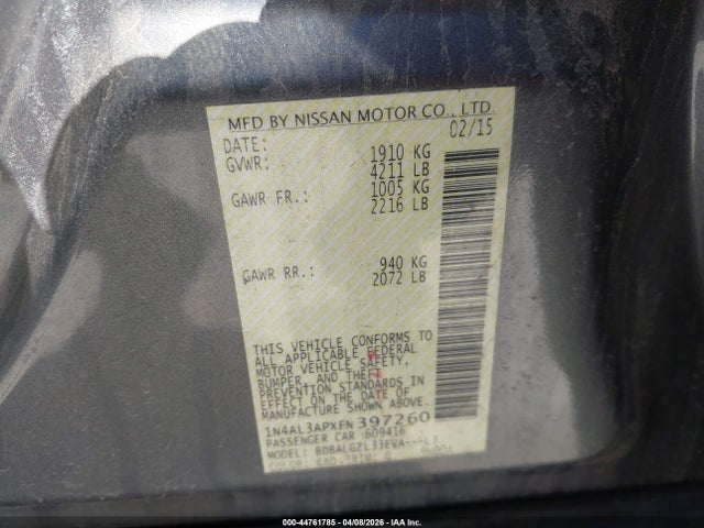 Aukcja sprzedaży 2015 Nissan Altima 2.5 S, vin: 1N4AL3APXFN397260, numer aukcji: 44761785