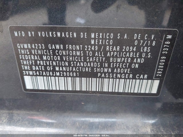 44761786 :رقم المزاد ، 3VW547AU6JM290681 vin ، 2018 Volkswagen Golf Gti مزاد بيع