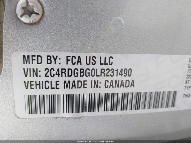 44761792 :رقم المزاد ، 2C4RDGBG0LR231490 vin ، 2020 Dodge Grand Caravan Se مزاد بيع