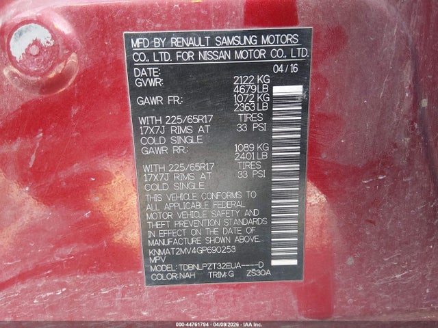 KNMAT2MV4GP690253 Nissan Rogue S/sl/sv