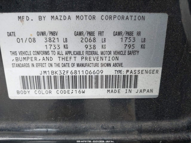 44761798 :رقم المزاد ، JM1BK32F681106609 vin ، 2008 Mazda Mazda3 I Touring Value مزاد بيع