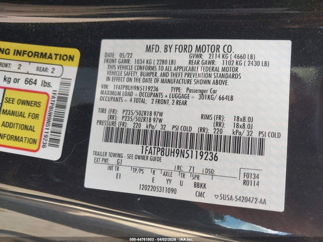 Auction sale of the 2022 Ford Mustang Ecoboost Premium, vin: 1FATP8UH9N5119236, lot number: 44761803