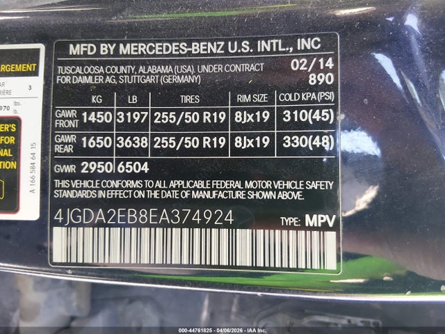 44761825 :رقم المزاد ، 4JGDA2EB8EA374924 vin ، 2014 Mercedes-benz Ml 350 Bluetec 4matic مزاد بيع