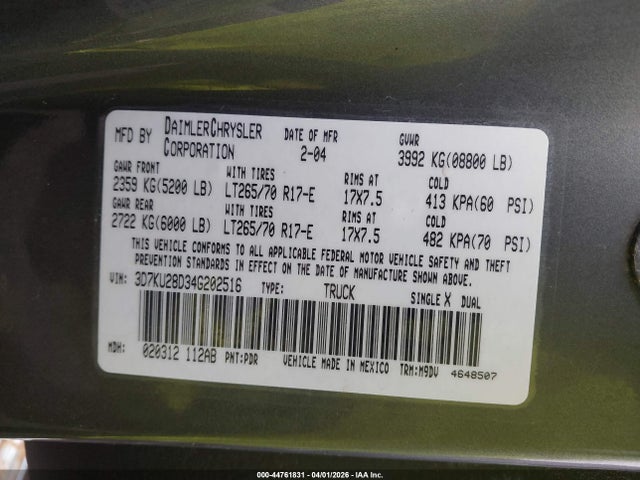 Продаж на аукціоні авто 2004 Dodge Ram 2500 Slt/laramie, vin: 3D7KU28D34G202516, номер лоту: 44761831
