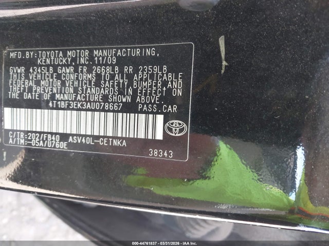 44761837 :رقم المزاد ، 4T1BF3EK3AU078667 vin ، 2010 Toyota Camry Le مزاد بيع