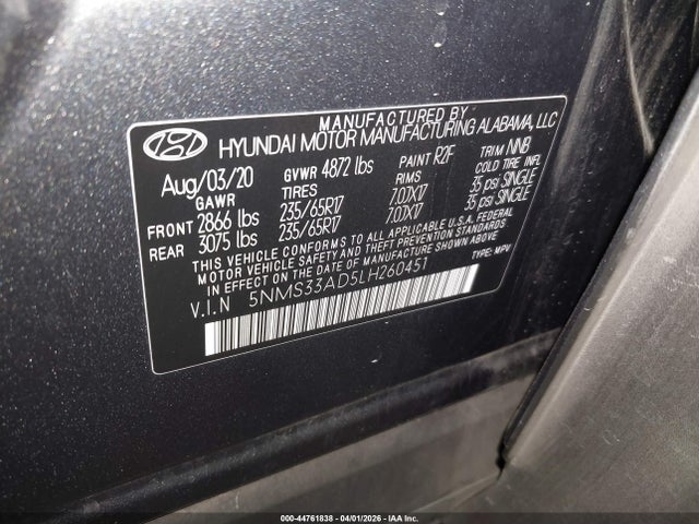 Hyundai Santa Fe Sel 2020 5NMS33AD5LH260451 Image 9