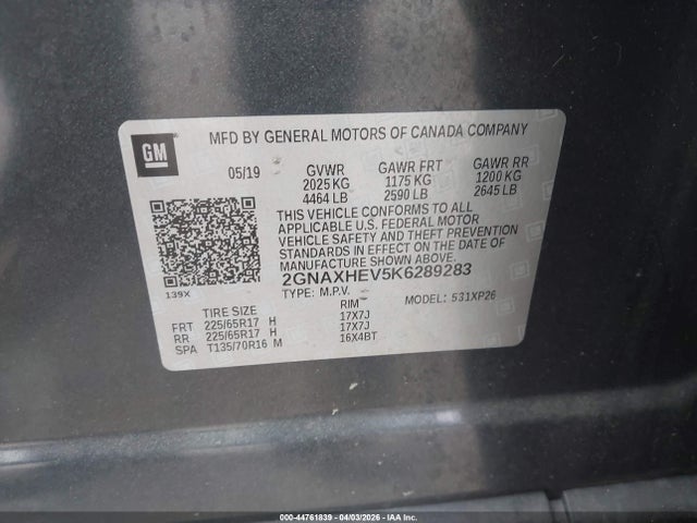Aukcja sprzedaży 2019 Chevrolet Equinox Ls, vin: 2GNAXHEV5K6289283, numer aukcji: 44761839
