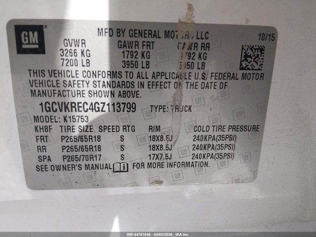 Aukcja sprzedaży 2016 Chevrolet Silverado 1500 2lt, vin: 1GCVKREC4GZ113799, numer aukcji: 44761849