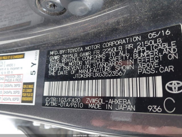 JTDKBRFUXG3523567 Toyota Prius Two