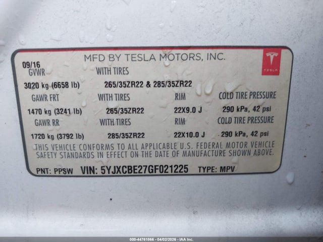 Auction sale of the 2016 Tesla Model X 60d/70d/75d/90d/p100d, vin: 5YJXCBE27GF021225, lot number: 44761866