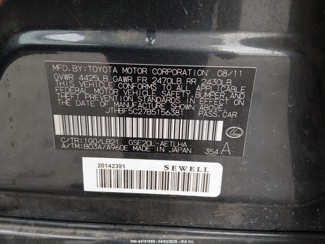 44761869 :رقم المزاد ، JTHBF5C27B5156381 vin ، 2011 Lexus Is 250 مزاد بيع