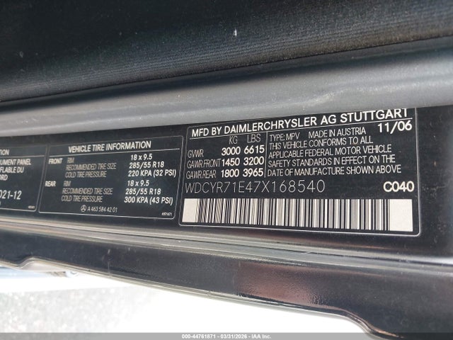 Aukcja sprzedaży 2007 Mercedes-benz G 55 Amg 4matic, vin: WDCYR71E47X168540, numer aukcji: 44761871