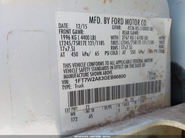 44761876 :رقم المزاد ، 1FT7W2A63GEB66800 vin ، 2016 Ford F-250 Xl مزاد بيع