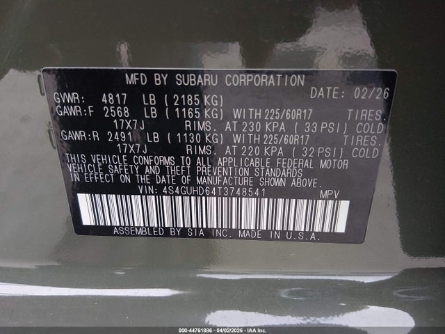 Aukcja sprzedaży 2026 Subaru Crosstrek Premium, vin: 4S4GUHD64T3748541, numer aukcji: 44761886
