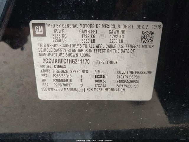 3GCUKREC1HG211170 Chevrolet Silverado 1500 2lt