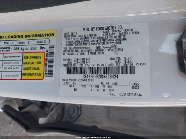 2013 Ford Fusion Se მანქანა იყიდება აუქციონზე, vin: 3FA6P0HR3DR358424, აუქციონის ნომერი: 44761929