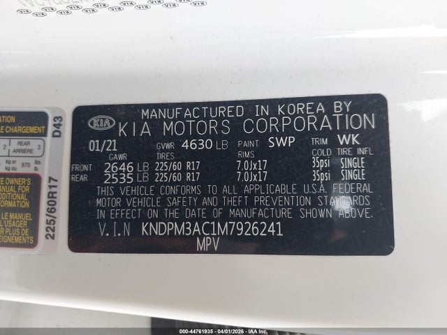 Продаж на аукціоні авто 2021 Kia Sportage Lx, vin: KNDPM3AC1M7926241, номер лоту: 44761935