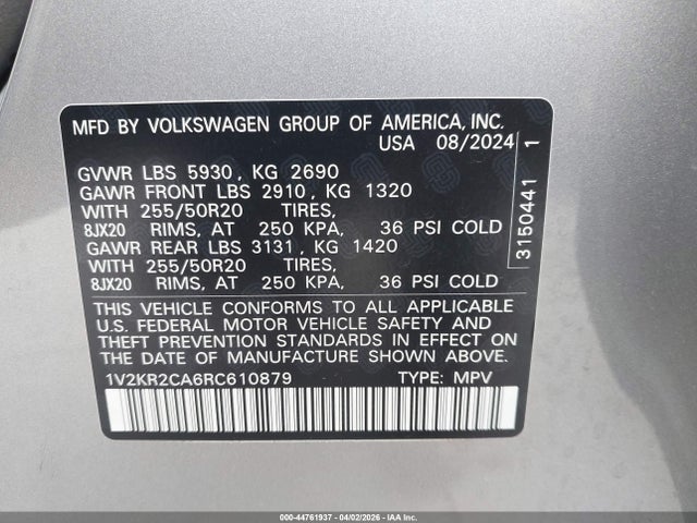 Aukcja sprzedaży 2024 Volkswagen Atlas 2.0t Se W/technology, vin: 1V2KR2CA6RC610879, numer aukcji: 44761937