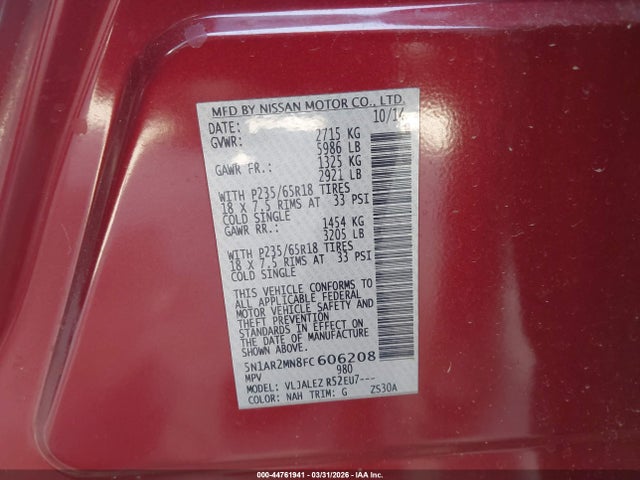Nissan Pathfinder Sv 2015 5N1AR2MN8FC606208 Image 9