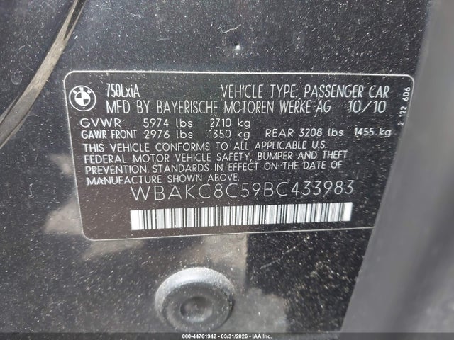 44761942 :رقم المزاد ، WBAKC8C59BC433983 vin ، 2011 Bmw 750li Xdrive مزاد بيع