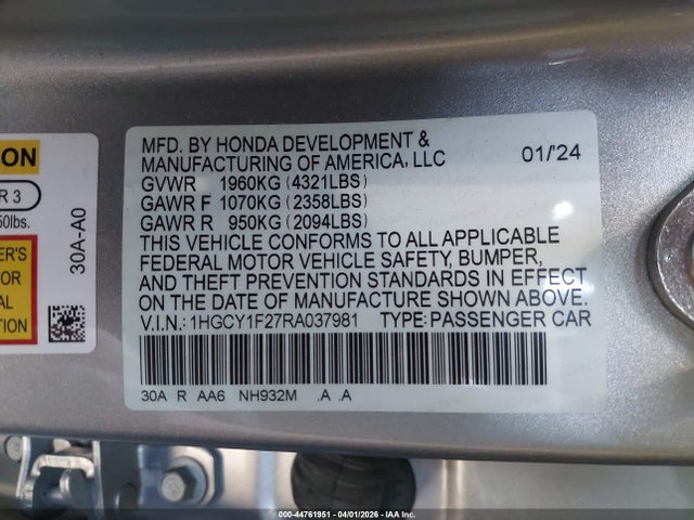 1HGCY1F27RA037981 Honda ACCORD LX