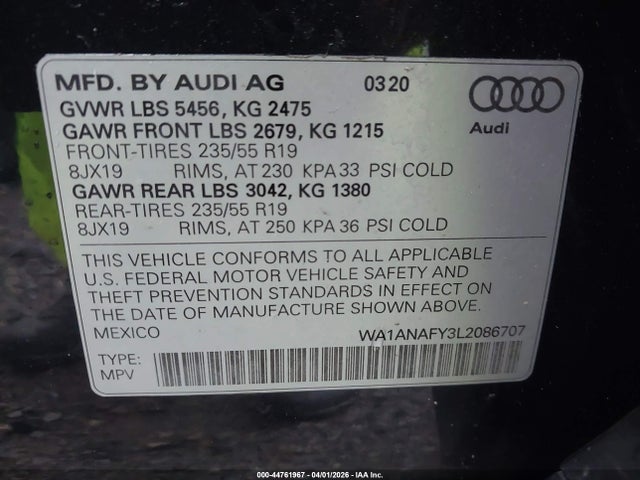 Продаж на аукціоні авто 2020 Audi Q5 Premium 45 Tfsi Quattro S Tronic, vin: WA1ANAFY3L2086707, номер лоту: 44761967