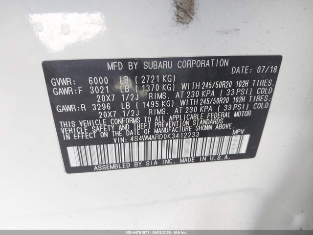 44761971 :رقم المزاد ، 4S4WMARD0K3412233 vin ، 2019 Subaru Ascent Touring مزاد بيع