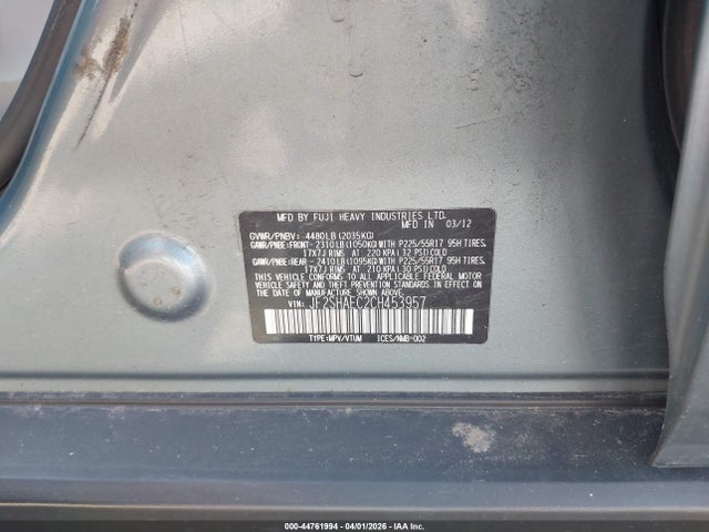44761994 :رقم المزاد ، JF2SHAEC2CH453957 vin ، 2012 Subaru Forester 2.5x Limited مزاد بيع
