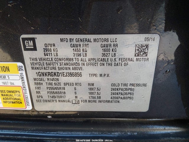 Продажа на аукционе авто 2014 Chevrolet Traverse 1lt, vin: 1GNKRGKD1EJ355856, номер лота: 44761999