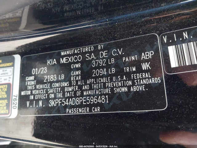 Aukcja sprzedaży 2023 Kia Forte Gt-line, vin: 3KPF54AD8PE596481, numer aukcji: 44762000