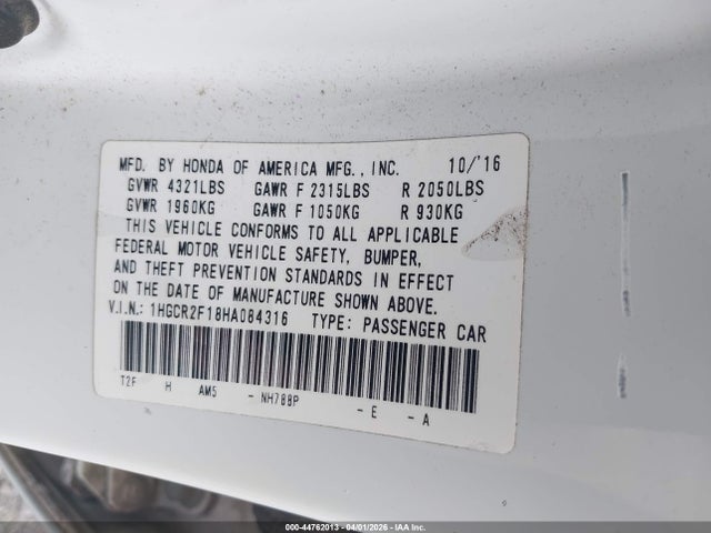 Aukcja sprzedaży 2017 Honda Accord Sport Se, vin: 1HGCR2F18HA084316, numer aukcji: 44762013