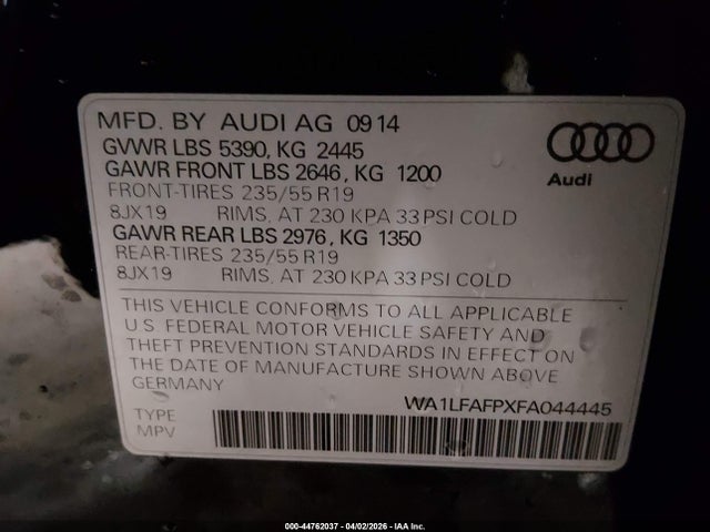 44762037 :رقم المزاد ، WA1LFAFPXFA044445 vin ، 2015 Audi Q5 2.0t Premium مزاد بيع