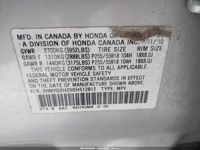 Продаж на аукціоні авто 2011 Acura Mdx, vin: 2HNYD2H29BH512812, номер лоту: 44762041