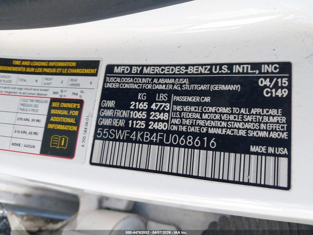 Продажа на аукционе авто 2015 Mercedes-benz C 300 4matic, vin: 55SWF4KB4FU068616, номер лота: 44762052