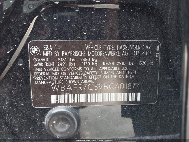 2011 Bmw 535i მანქანა იყიდება აუქციონზე, vin: WBAFR7C59BC601874, აუქციონის ნომერი: 44762061