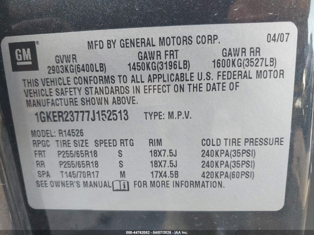 Продажа на аукционе авто 2007 Gmc Acadia Slt-1, vin: 1GKER23777J152513, номер лота: 44762082