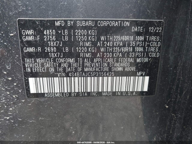 2023 Subaru Outback Onyx Edition მანქანა იყიდება აუქციონზე, vin: 4S4BTAJC5P3156425, აუქციონის ნომერი: 44762099