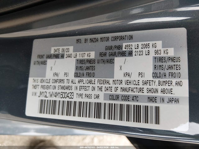 2021 Mazda Mazda6 Carbon Edition მანქანა იყიდება აუქციონზე, vin: JM1GL1WY4M1600433, აუქციონის ნომერი: 44762103