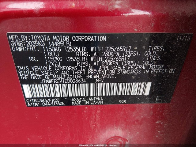 JTMWFREV1ED028634 Toyota Rav4 Xle