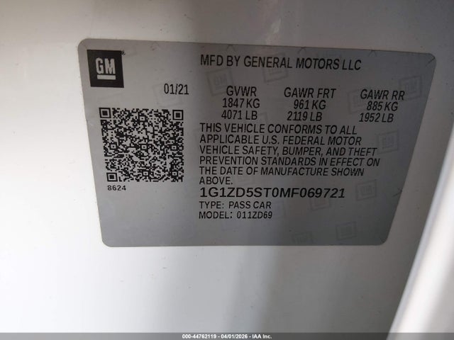 Продажа на аукционе авто 2021 Chevrolet Malibu Fwd Lt, vin: 1G1ZD5ST0MF069721, номер лота: 44762119