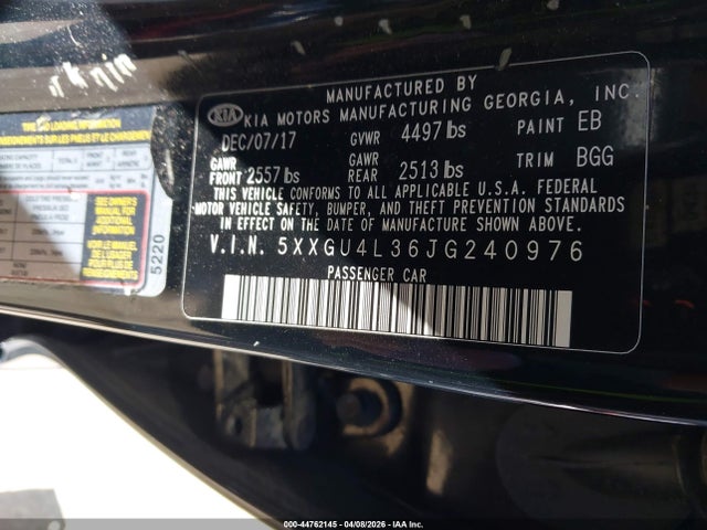 Продажа на аукционе авто 2018 Kia Optima Ex, vin: 5XXGU4L36JG240976, номер лота: 44762145