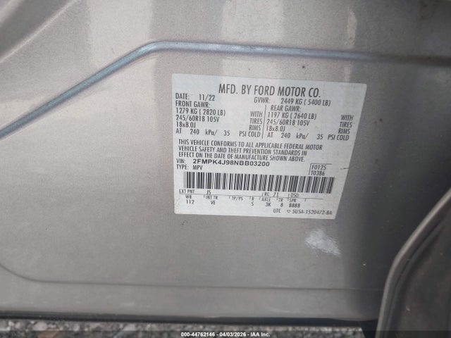 44762146 :رقم المزاد ، 2FMPK4J98NBB03200 vin ، 2022 Ford Edge Sel مزاد بيع