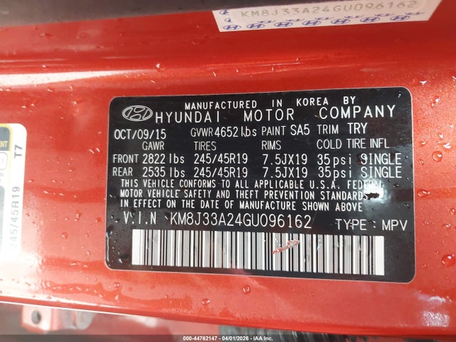 44762147 :رقم المزاد ، KM8J33A24GU096162 vin ، 2016 Hyundai Tucson Sport مزاد بيع
