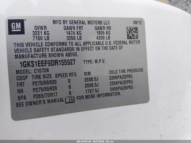 Продажа на аукционе авто 2013 Gmc Yukon Denali, vin: 1GKS1EEF9DR155927, номер лота: 44762148