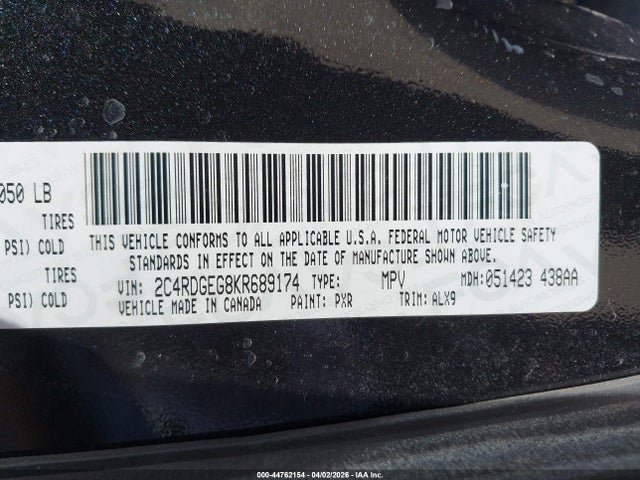 Продажа на аукционе авто 2019 Dodge Grand Caravan Gt, vin: 2C4RDGEG8KR689174, номер лота: 44762154